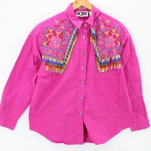 Vintage KZK Western Shirt Unisex Pink Button Down Beaded Embroidered 1992 Large